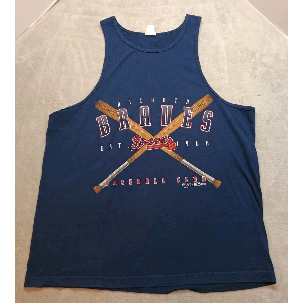 Vtg Atlanta Braves Baseball Club Tank Top Navy Blue Men's XL Y2K Hank Aaron Org